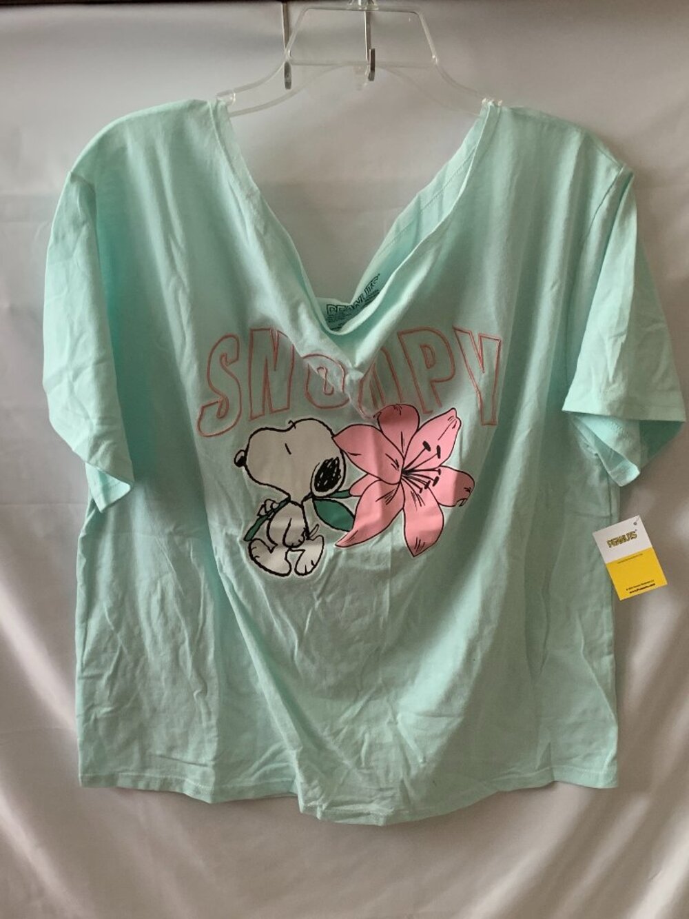 PEANUTS Snoopy Hibiscus Off the Shoulder Tee in Mint/Pink